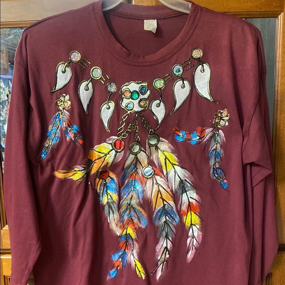 Vintage Burgundy XL? 3/4 Sleeve Tee with Native American Motif Eagle